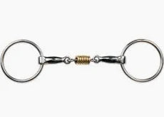 Silver metal horse bit with copper rollers in the center and single ring cheek pieces shown on a white background