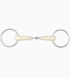 A silver-toned metal horse bit with smooth, cream-colored central plates, shown against a plain white background.