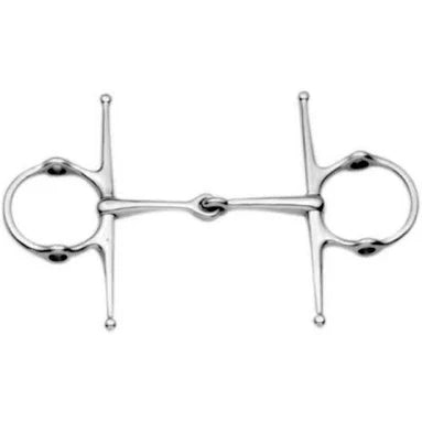 A polished silver metal horse bit with a central shank and two circular rings, shown against a plain white background.