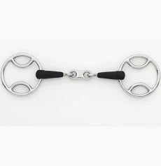 A silver metal horse bit with black rubber mouthpiece, shown against a plain white background.