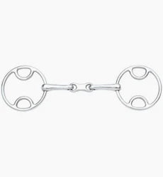 Silver loop ring horse bit with two joints shown on a white background