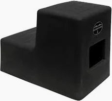 A black 2 step design mounting block, featuring a square cutout on the front face and a circular logo badge.