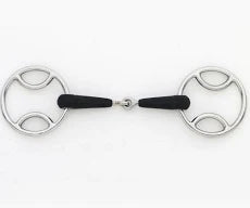 A silver metal double-bit horse bit with black rubber mouthpieces, shown against a plain white background.