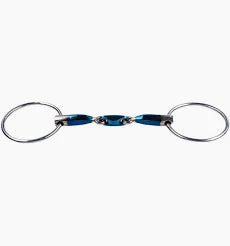 A silver metal horse bit featuring a central cluster of dark blue and black textured beads, shown against a plain white background.