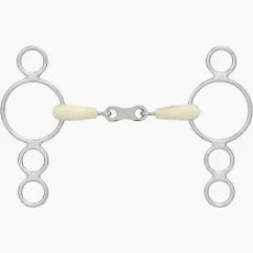 A silver equestrian bit with cream-colored leather cheekpieces, shown against a plain white background.