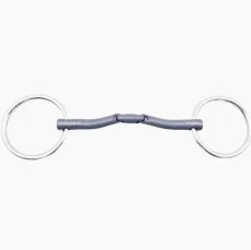 A double-bit horse bit with a curved silver metal center and two circular silver rings, shown against a plain white background.