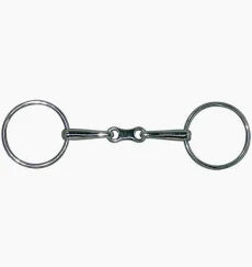 Silver metal horse bit with two joints shown on a plain white background