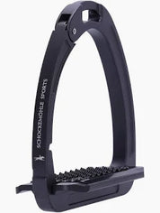 A black safety stirrup with a textured footbed and white printed branding, shown against a plain white background.