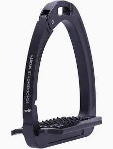 A black safety stirrup with a textured footbed and white printed branding, shown against a plain white background.