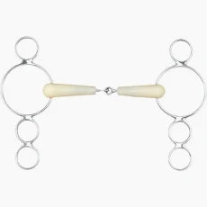 Tan rubber horse bit with 3 silver rings shown on a white background