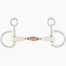 An equestrian single-ear bit with silver-toned metal rings and a central rose gold ferrule, accented by cream-colored rubber mouthpieces.