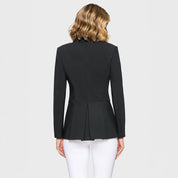 Back view of a female model wearing the Black Samshield Short Frac Crystal Fabric Show Coat on a plain background