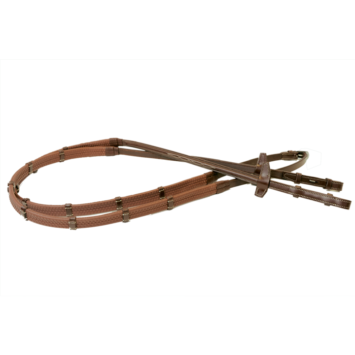 Full view of the brownAntares Signature Rubber Reins with Stops on a white background