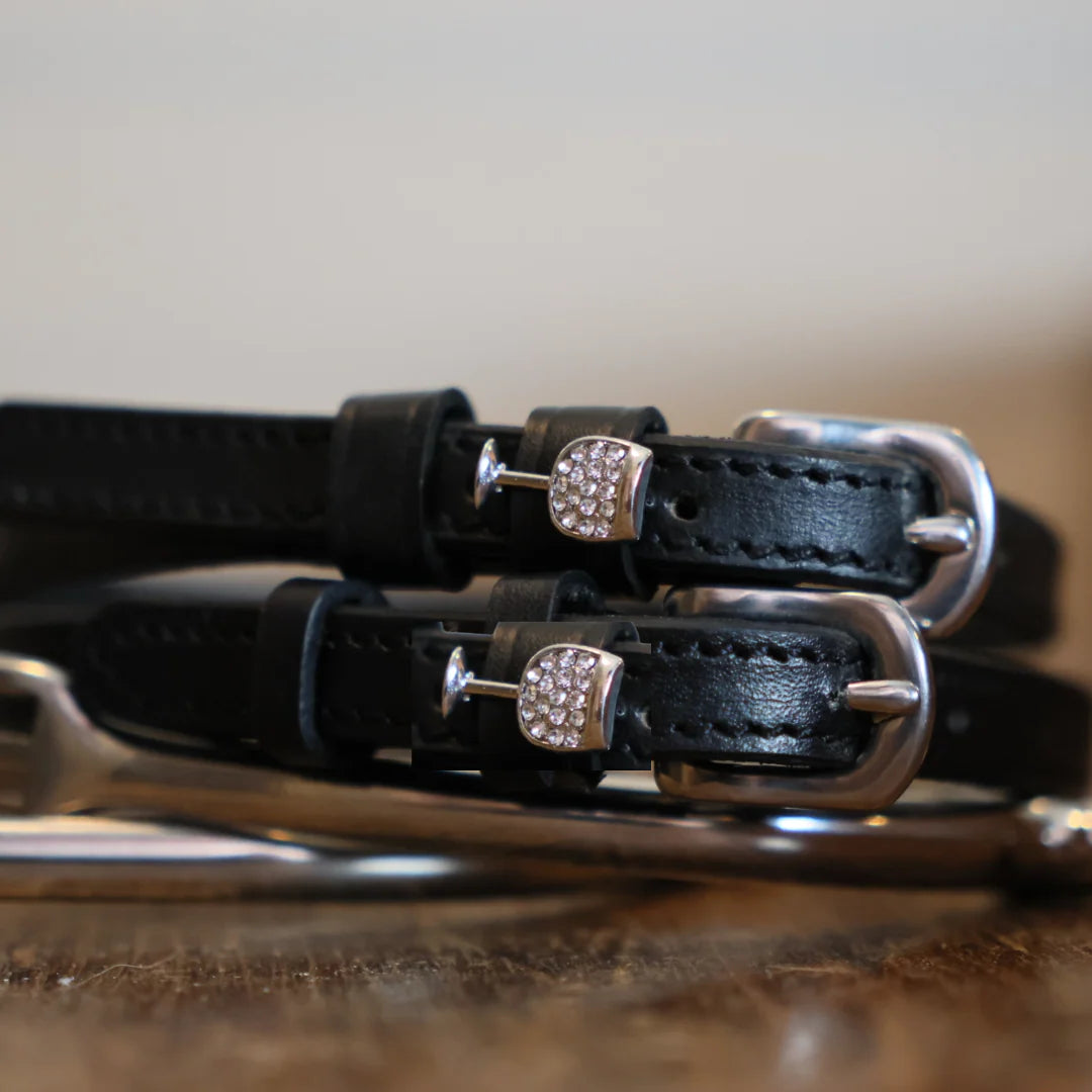 Front view of the Silver Wine GlassMane Jane Spur Straps on wood