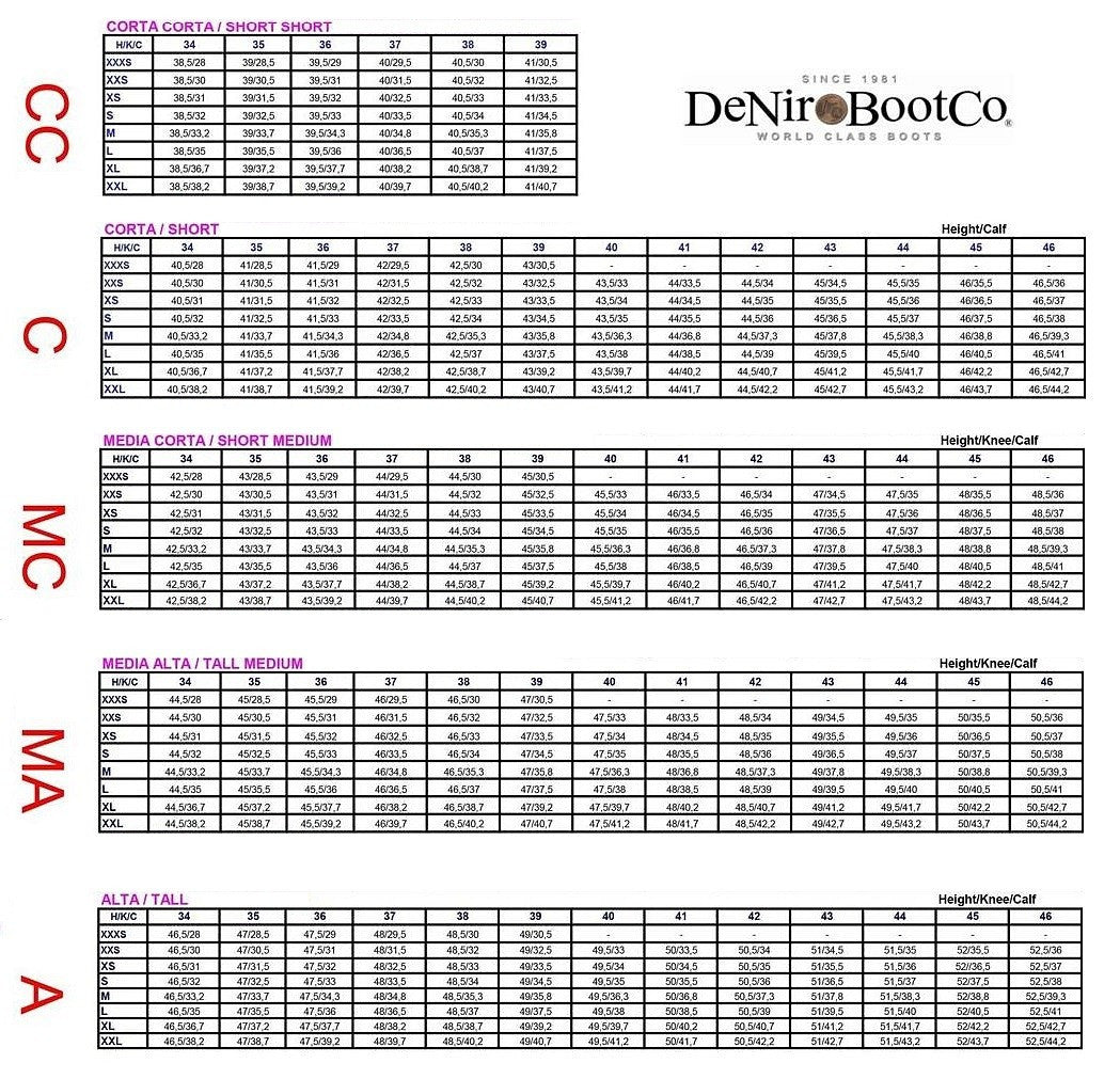 Size chart for the DeNiro Amabile Smooth 01 Black Dress Boot