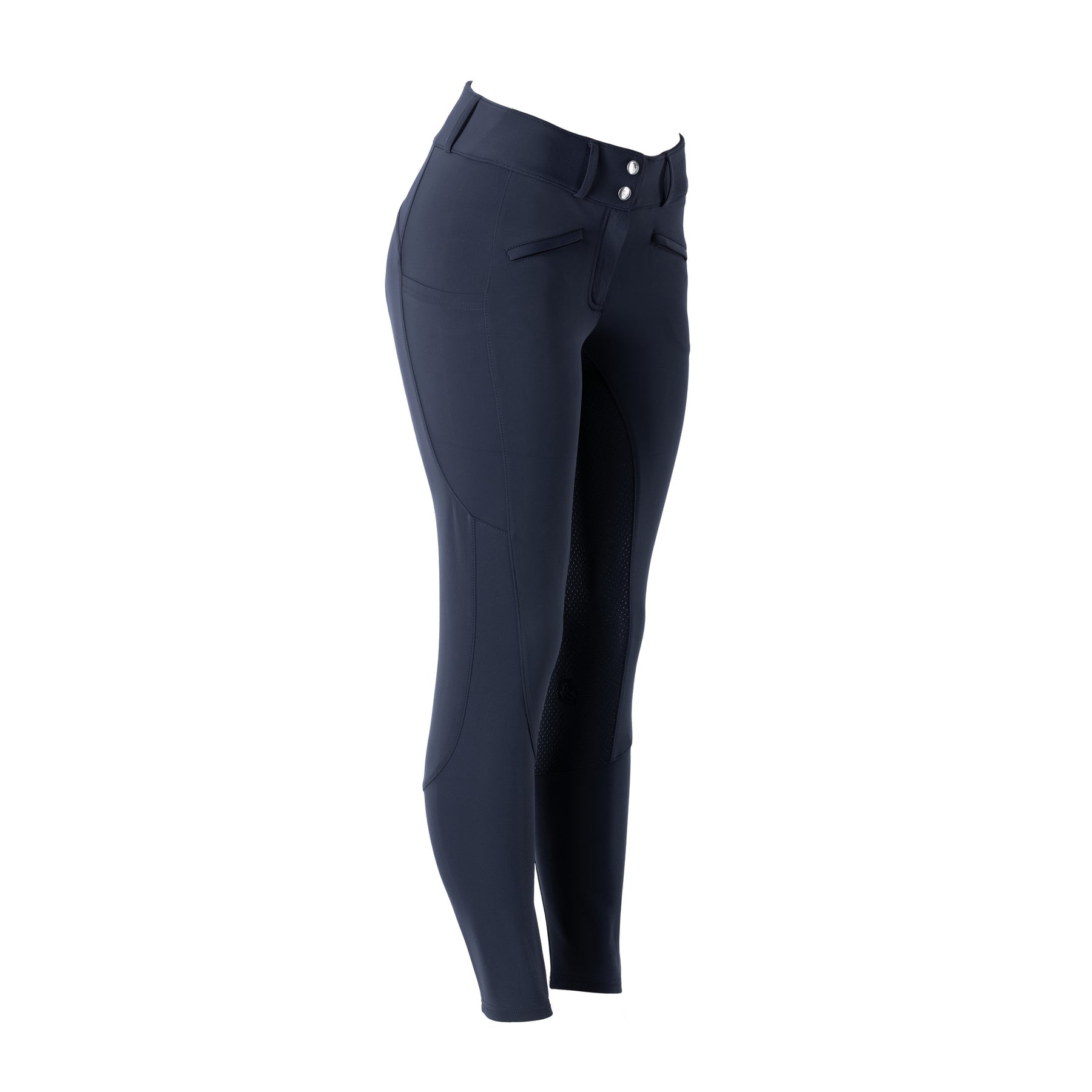 Side view of Navy Equinavia Birgit Summer Full Seat Breeches on a white background