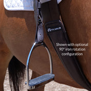 Infographic of the Total Saddle Fit Slim Stability Stirrup Leathers showing the optional 90 degree iron rotation configuration, worn by a horse