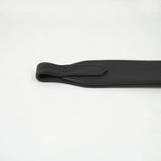 Close-up view of the saddle attachment on the brown Total Saddle Fit Slim Stability Stirrup Leather on a white background