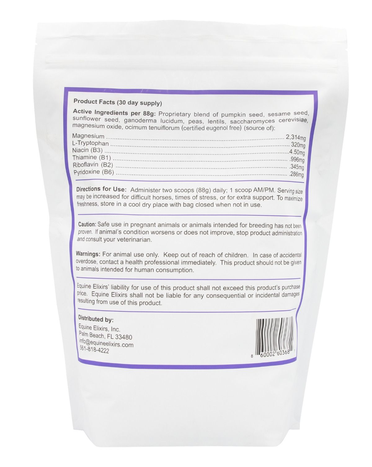 Back view of the small bag of Equine Elixirs Calmakazi on a white background