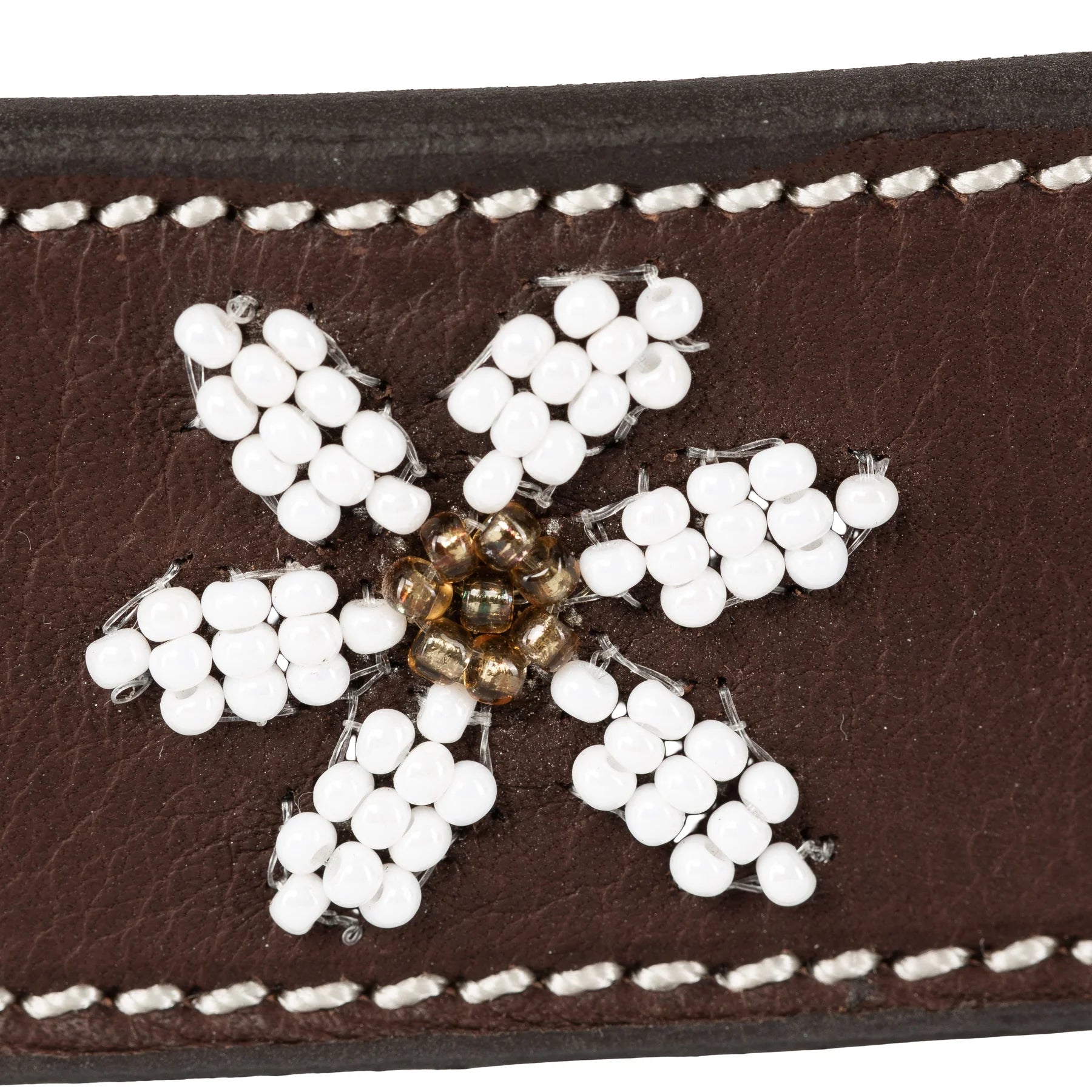 Closeup view of Dark Brown/Flowers Equinavia Adeline Beaded Belt detail on plain white background