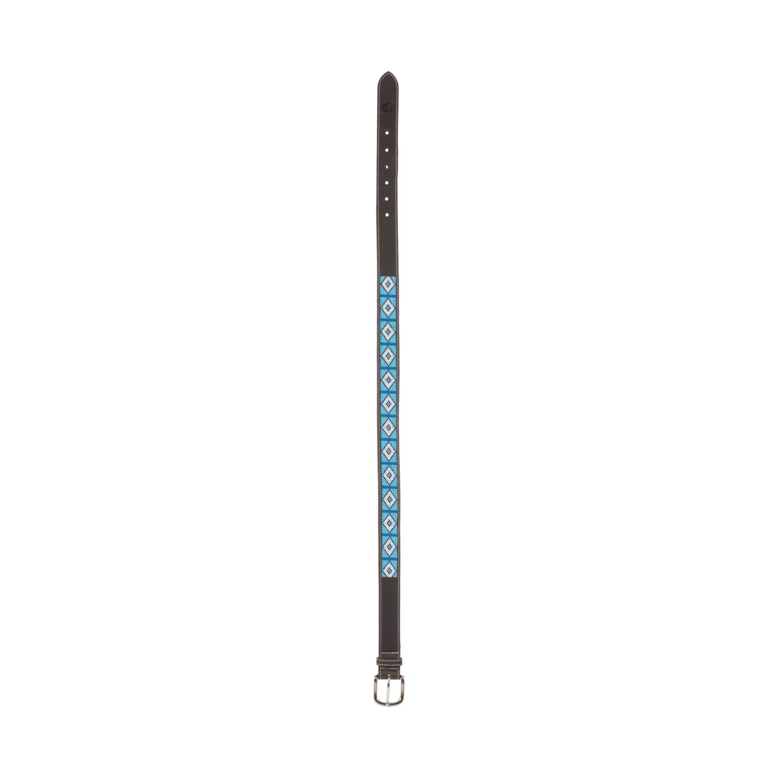 Full view of dark brown leather Equinavia Estelle Hand Beaded Belt with blue and white beading on a white background