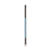 Full view of dark brown leather Equinavia Estelle Hand Beaded Belt with blue and white beading on a white background