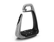 Angled front view of the black/silver Freejump Soft Up Stirrup Classic+ on a white background