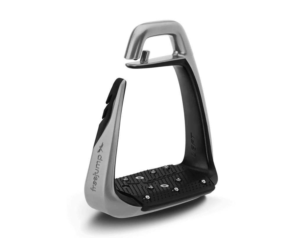 Angled front view of the black/silver Freejump Soft Up Stirrup Classic+ on a white background