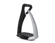Angled view of the Black and Silver Free Jump Soft'Up Pro+ Stirrups on a white background