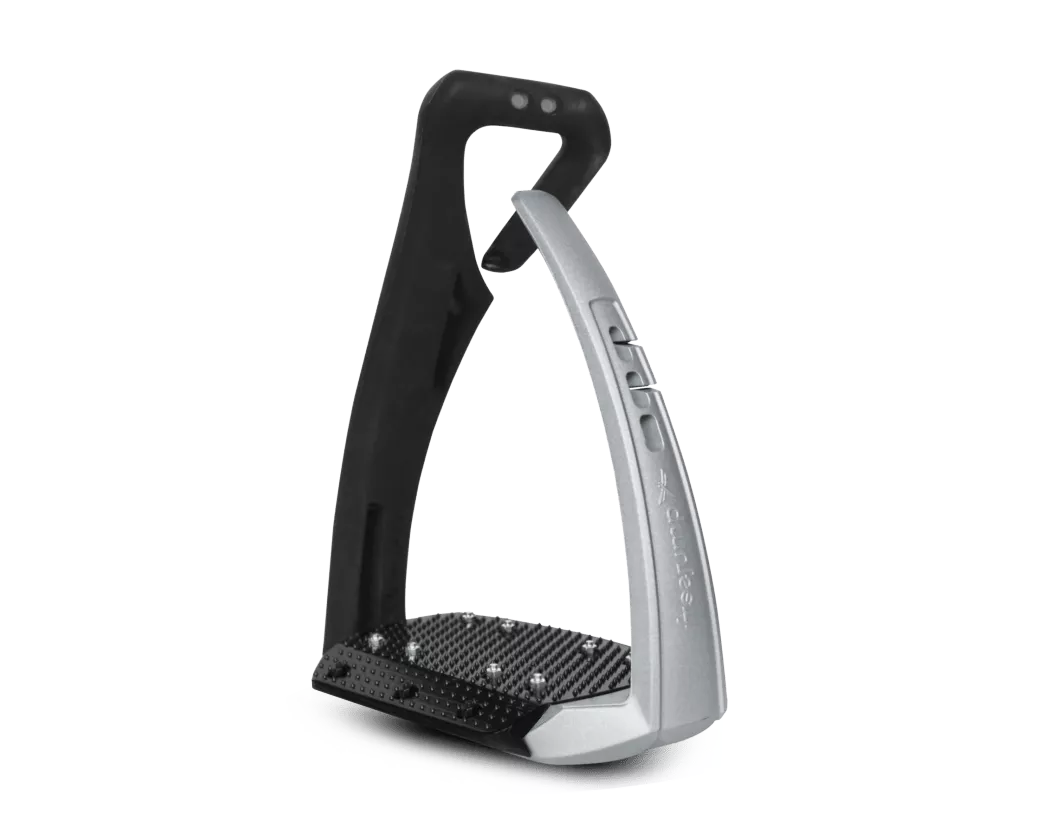 Angled view of the Black and Silver Free Jump Soft'Up Pro+ Stirrups on a white background