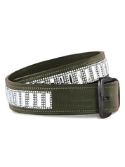 Full view of a rolled up Striking Valley Green Equestrian Stockholm Contest Belt on a white background