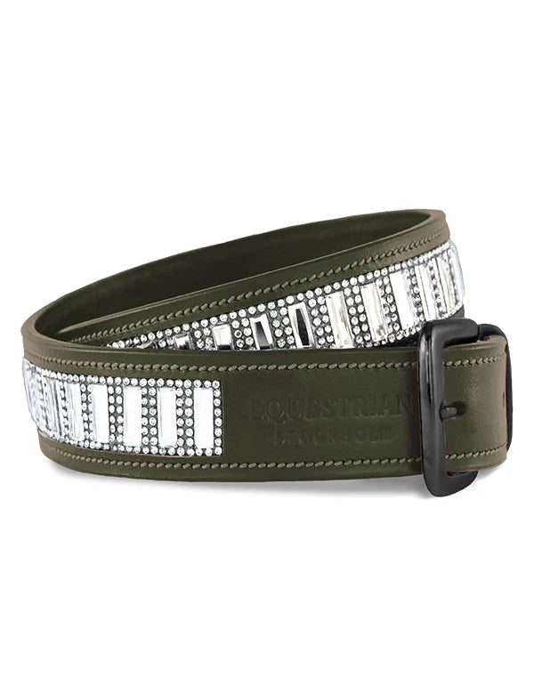 Full view of a rolled up Striking Valley Green Equestrian Stockholm Contest Belt on a white background