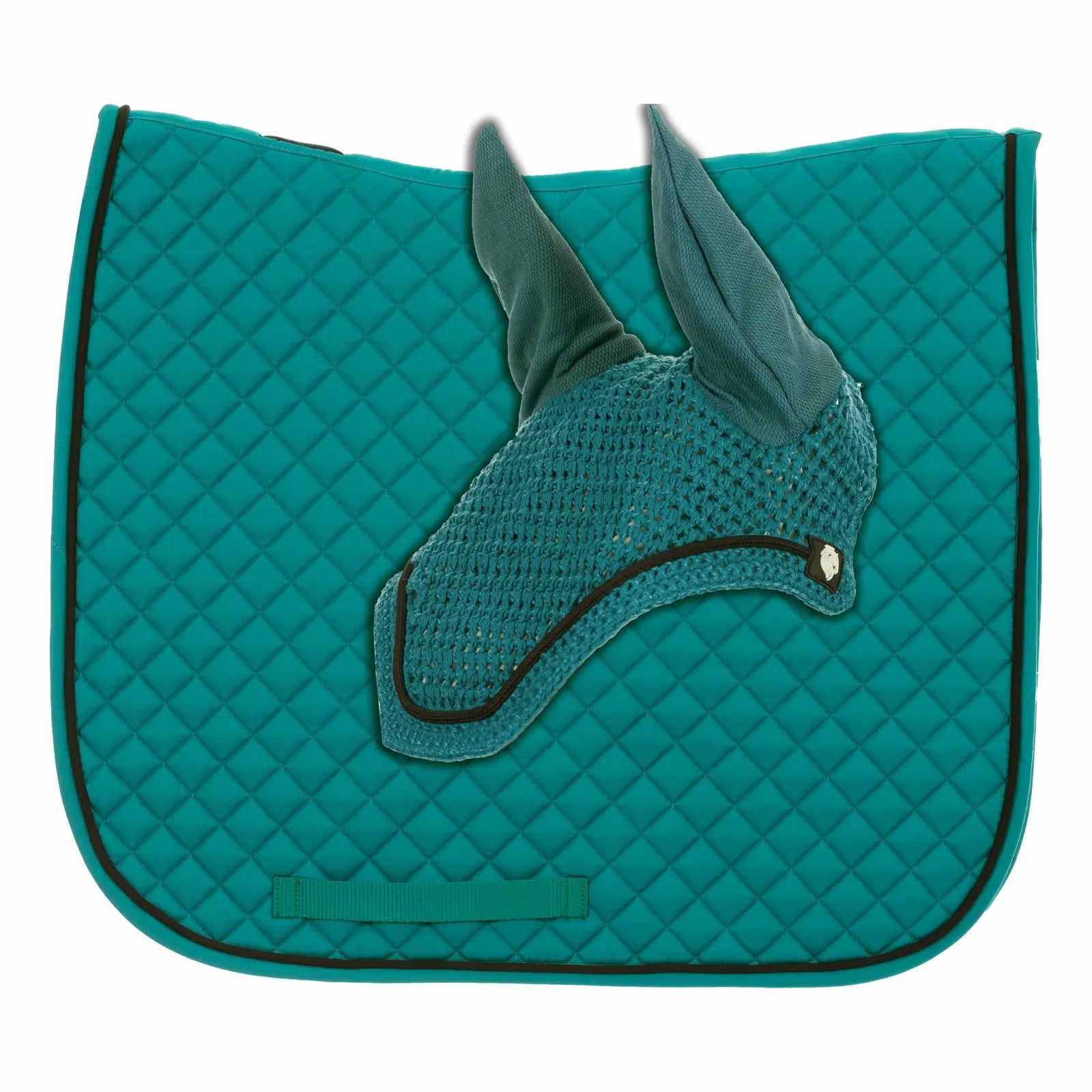 Side view of the turquoise Equinavia Voss Dressage Saddle Pad and Bonnet Set on a white background