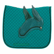 Side view of the turquoise Equinavia Voss Dressage Saddle Pad and Bonnet Set on a white background