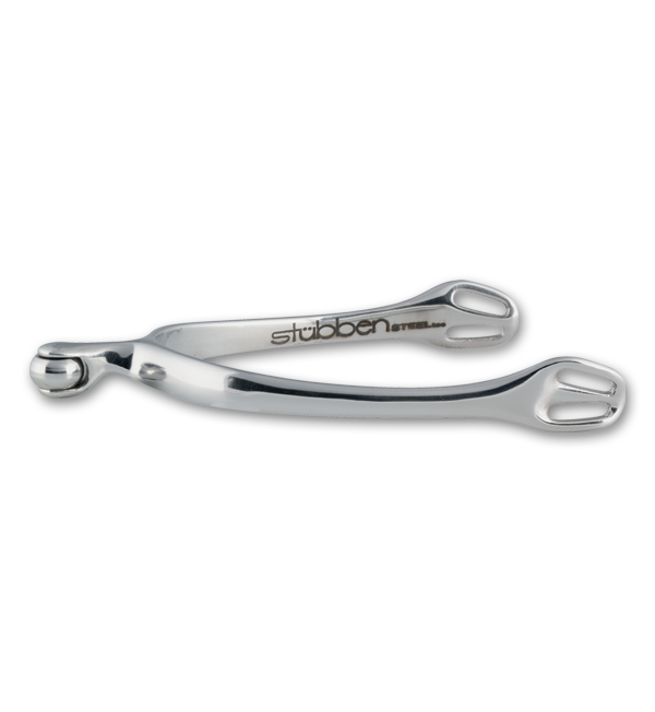 Side view of the Stubben STEELtec Dynamic Soft Touch Spurs on a white background