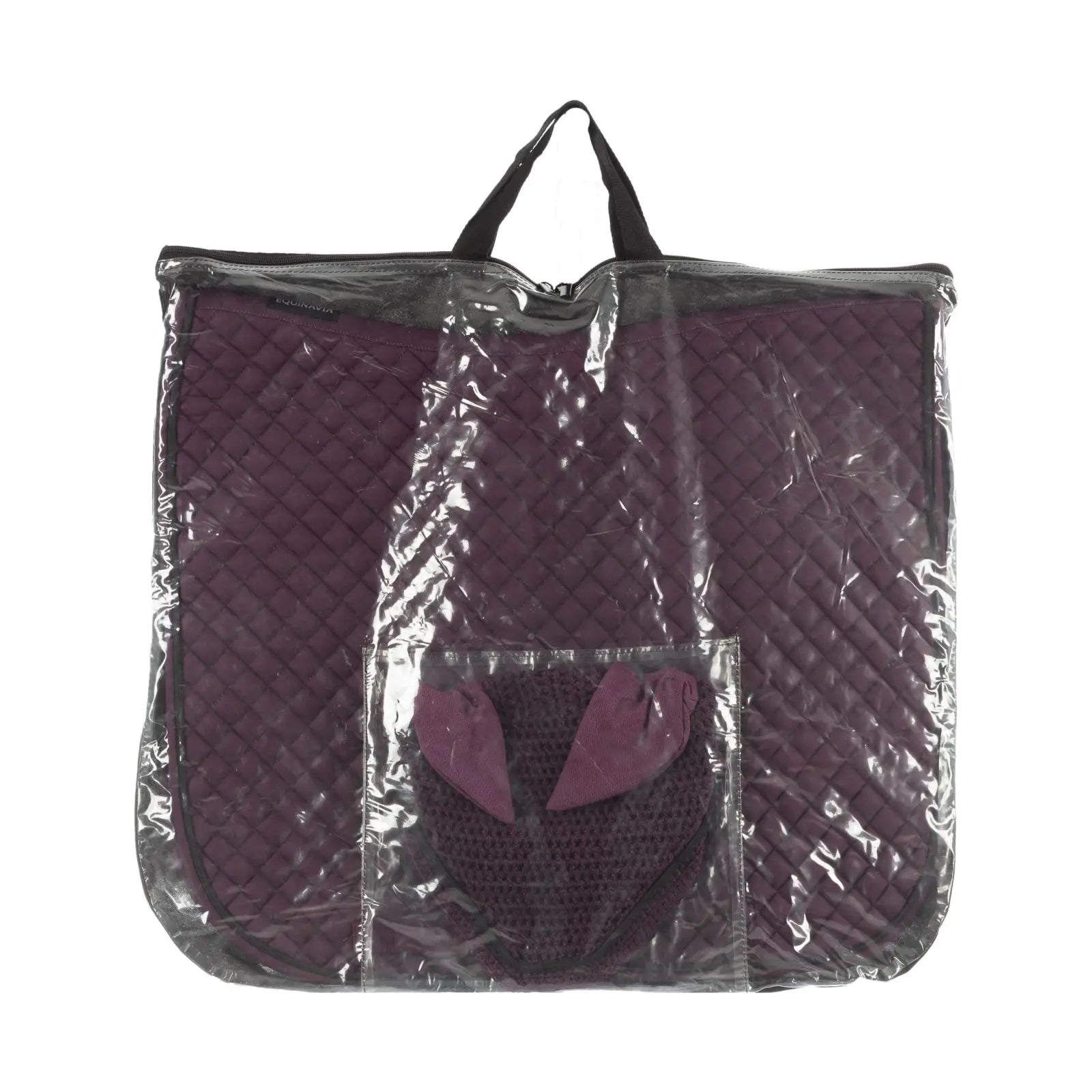 Side view of the plum Equinavia Voss All Purpose Saddle Pad and Bonnet Set in clear storage bag on a white background