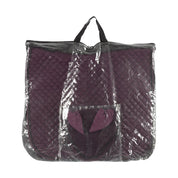 Side view of the plum Equinavia Voss All Purpose Saddle Pad and Bonnet Set in clear storage bag on a white background