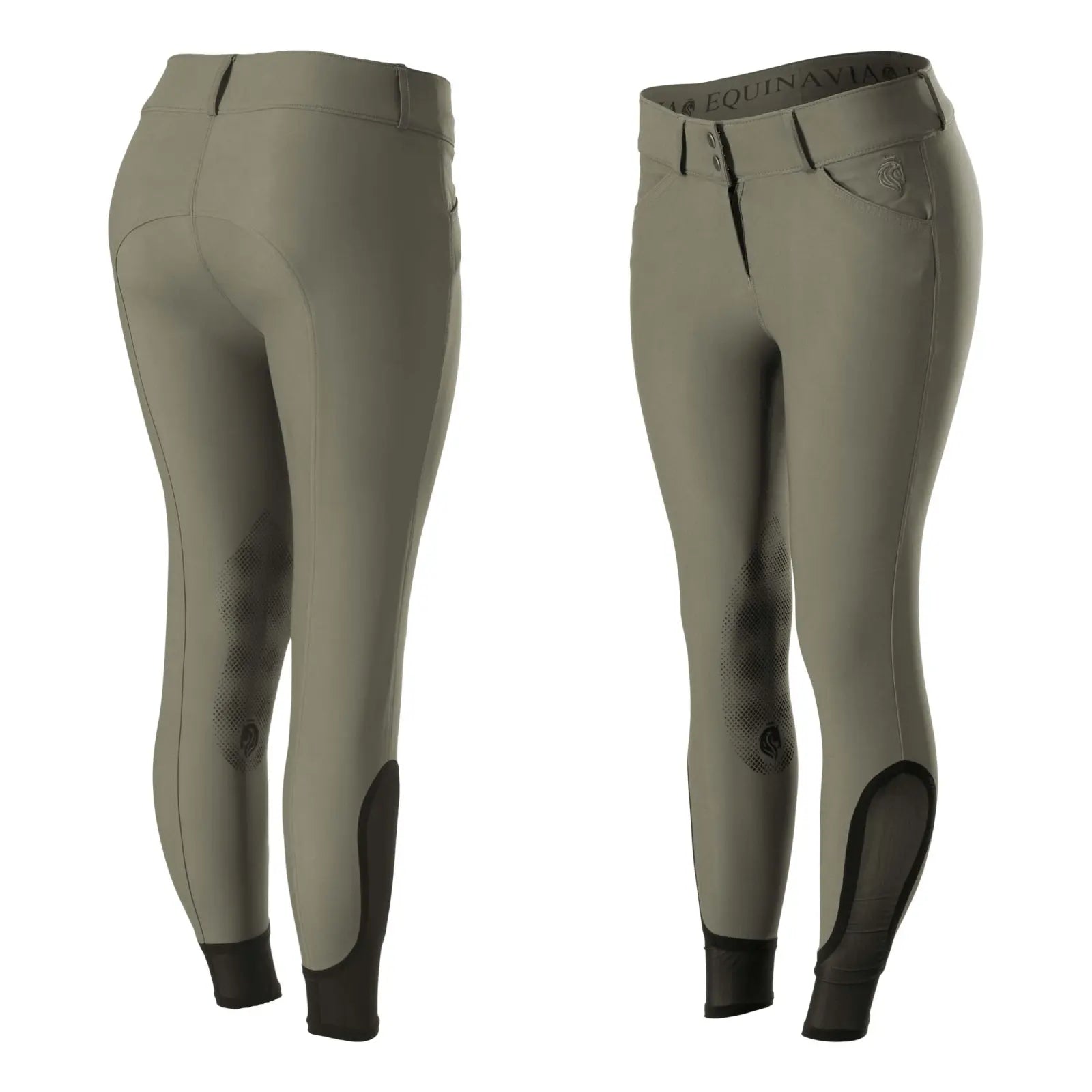 Side-by-side front and back views of the sage olive Equinavia Maud Knee Patch Breeches on a white background