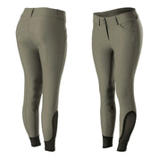 Side-by-side front and back views of the sage olive Equinavia Maud Knee Patch Breeches on a white background
