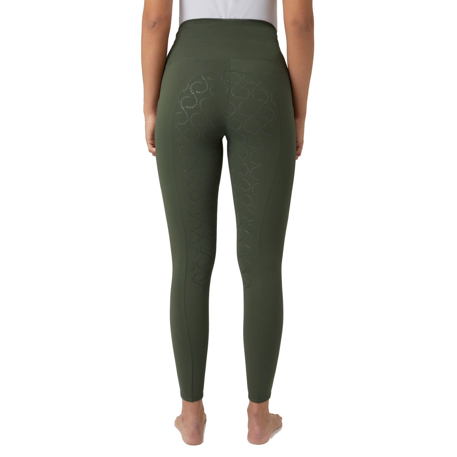 Back view of a female model wearing the Beetle Khaki Green Horze Gillian Silicone Full Seat Tights on a white background
