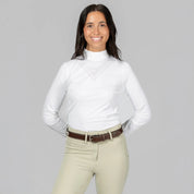 Front view of a model wearing Dark Brown/Flowers Equinavia Adeline Beaded Belt on plain background