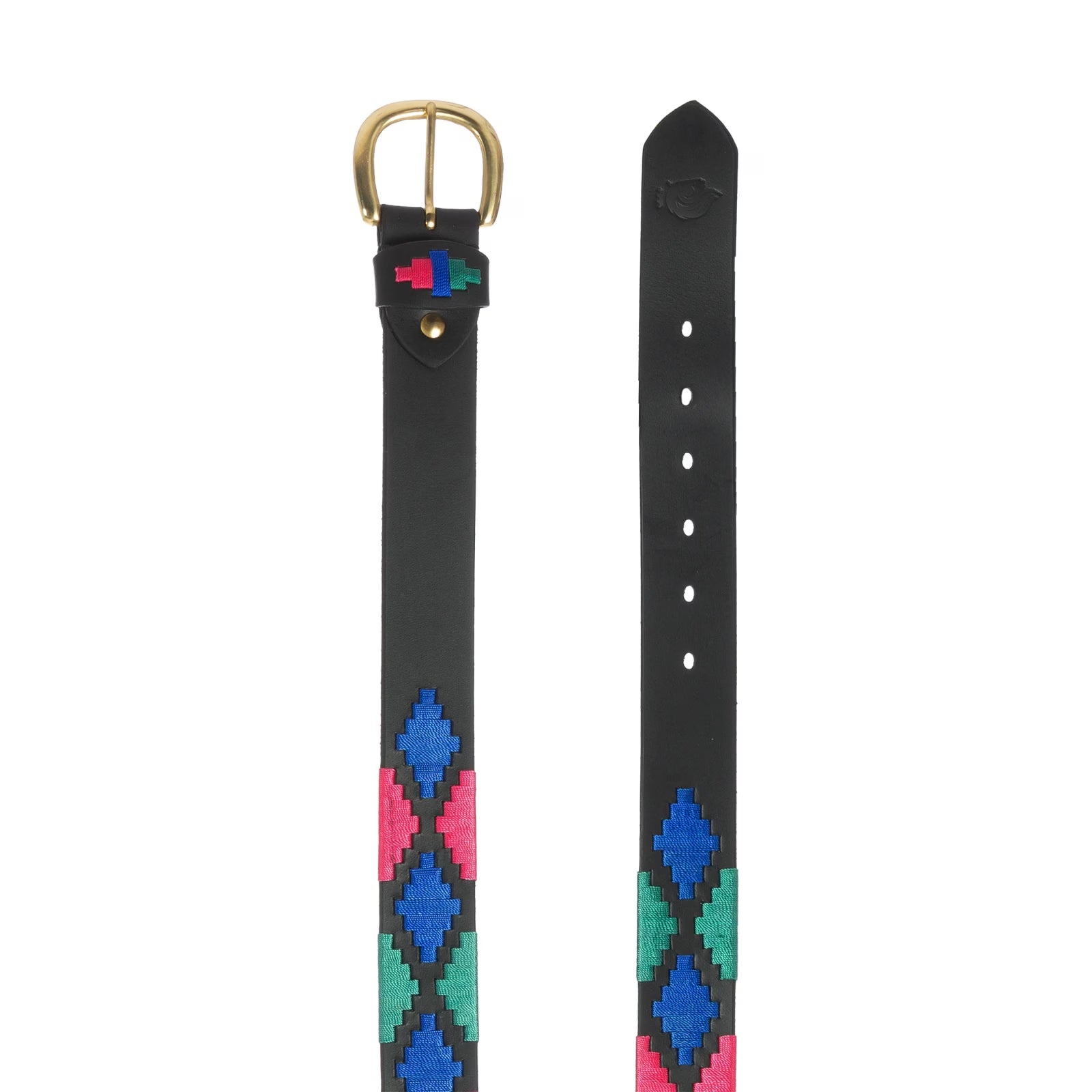 Top view of the buckle and tail end of the red, green, and blue black-leather Equinavia Siri Polo Belt on a white background