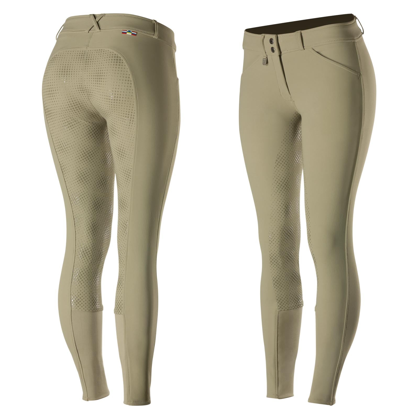 Side by side front and back views of the tan Horze Grand Prix Silicone Full Seat Breeches on a white background