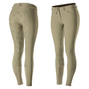 Side by side front and back views of the tan Horze Grand Prix Silicone Full Seat Breeches on a white background