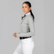 Side view of a model wearing Dapple Gray Equinavia Juni Long Sleeve Show Shirt on a plain background
