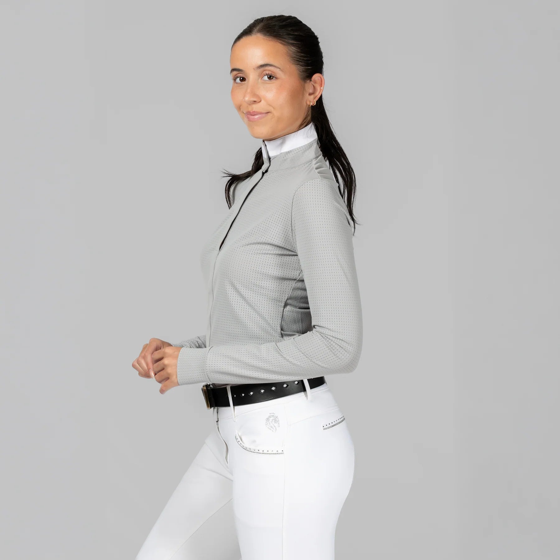 Side view of a model wearing Dapple Gray Equinavia Juni Long Sleeve Show Shirt on a plain background
