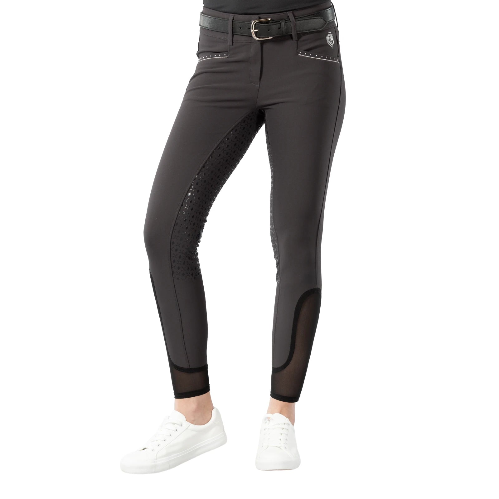 Front view of model wearing the Equinavia Victoria Full Seat Breeches in dark gray on a white background