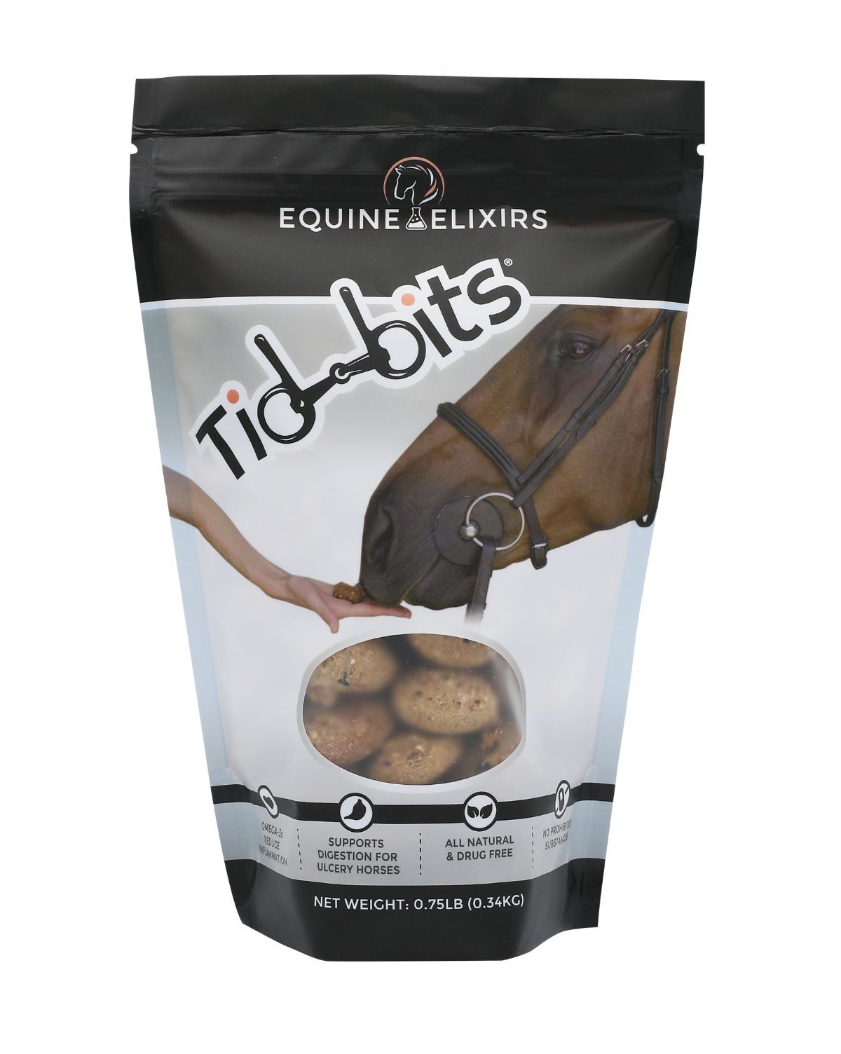Front view of the small bag of Equine Elixirs Tidbits on a white background