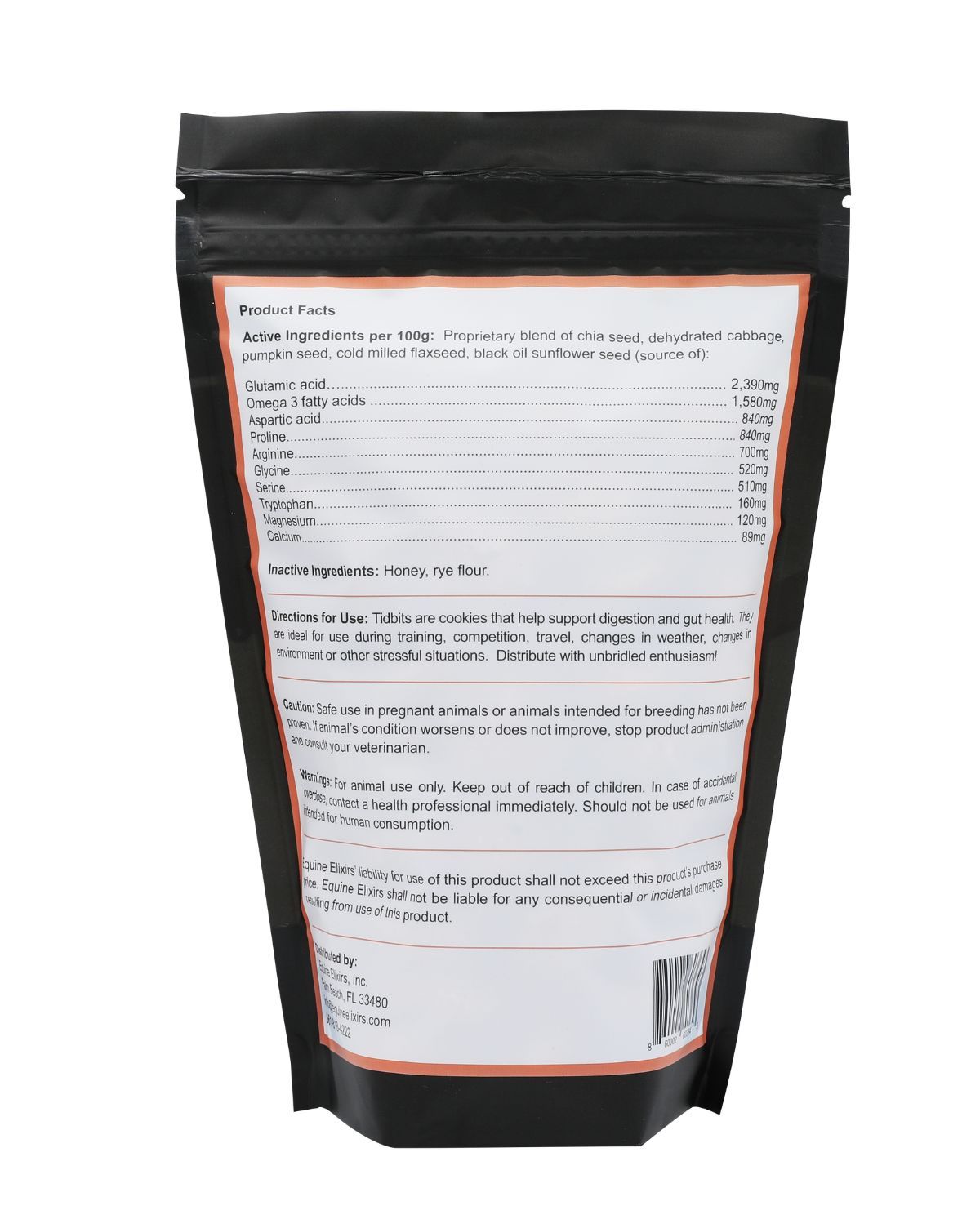 Back view of the small bag of Equine Elixirs Tidbits on a white background