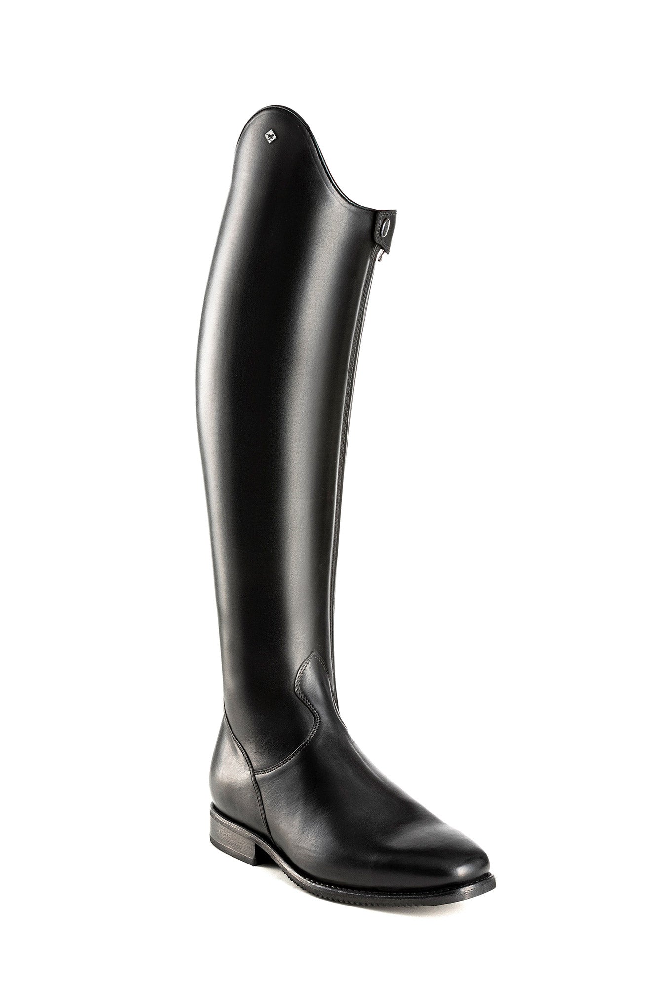 Angled front view of the black DeNiro Tiziano Wrat Black Dressage Boot on a plain background